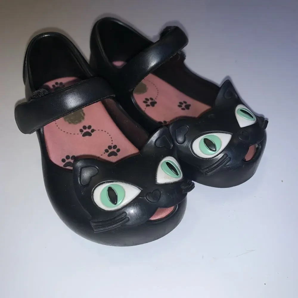 Mini Melissa Black Cat Mary Jane Shoes Size 6 Baby Girls Toddler